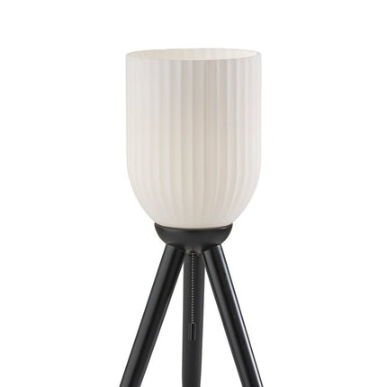 23" Black Solid Wood Tripod Table Lamp With White Ribbed Glass Shade