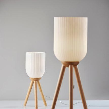 23" Natural Solid Wood Tripod Table Lamp With White Ribbed Glass Shade