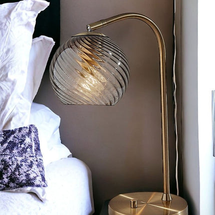 19" Antiqued Brass Metal Desk Lamp With Light Gray Swirl Globe Shade
