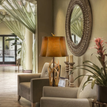 33" Brown Antlers Table Lamp With Brown Drum Shade