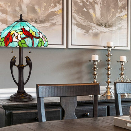 22" Bronze Two Light Tiffany Table Lamp With Aqua and Red Floral Shade