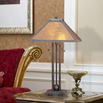 25" Gray Metal Two Light Cylinder Table Lamp With Amber Square Shade