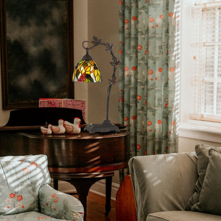 24" Bronze Metal Tiffany Style Table Lamp With Hanging Stained Glass Shade