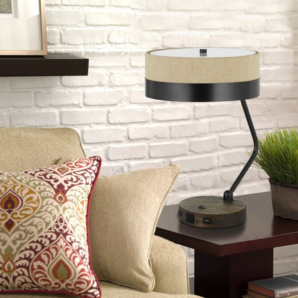 20" Black And Brown Wood And Metal Two Light USB Table Lamp With Beige And Black Shade