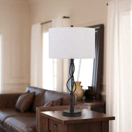 30" Black Metal Candlestick Table Lamp With Off White Drum Shade