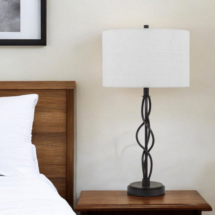 30" Black Metal Candlestick Table Lamp With Off White Drum Shade