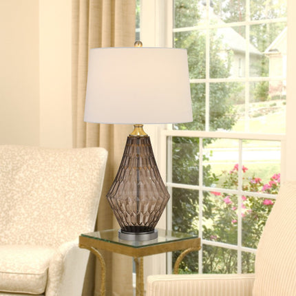 31" Gray Metal Geometric Table Lamp With Off White Empire Shade