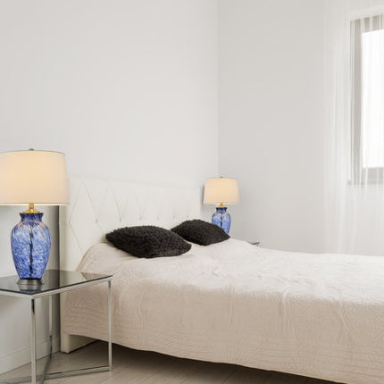 28" Blue Swirl Glass Table Lamp With White Empire Shade