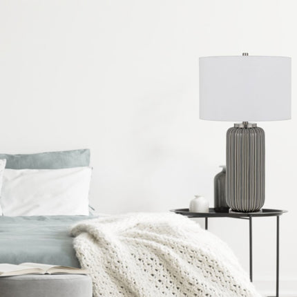 29" Gray Metal Cylinder Table Lamp With White Drum Shade