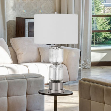 28" Nickel Metal Table Lamp With White Drum Shade