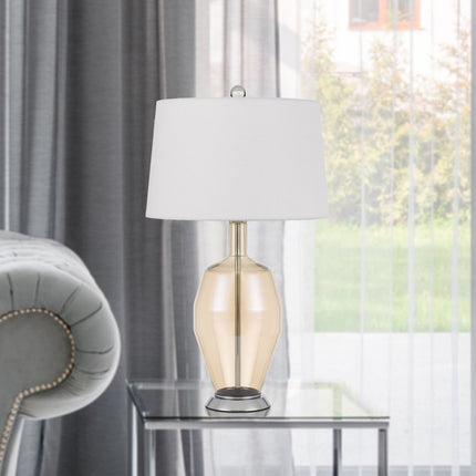 29" Nickel Metal Round Table Lamp With White Drum Shade