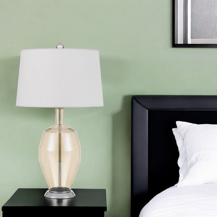 29" Nickel Metal Round Table Lamp With White Drum Shade