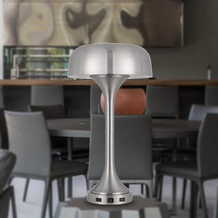 22" Nickel Metal Two Light Usb Table Lamp With Nickel Dome Shade