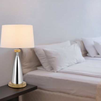 31" Brown Metal Geometric USB Table Lamp With White Empire Shade