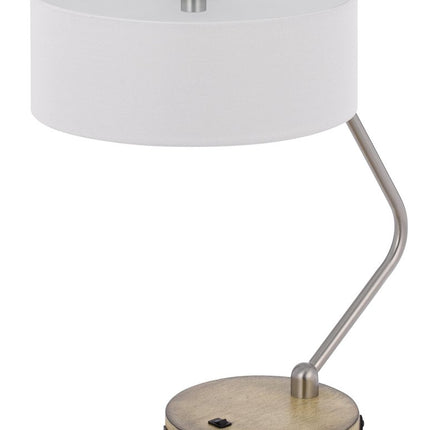20" Brown Metal Two Light Lantern Desk USB Table Lamp With White Drum Shade