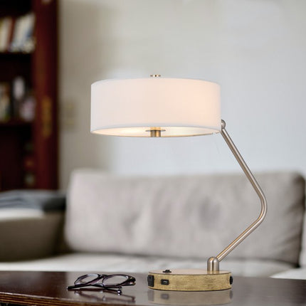 20" Brown Metal Two Light Lantern Desk USB Table Lamp With White Drum Shade