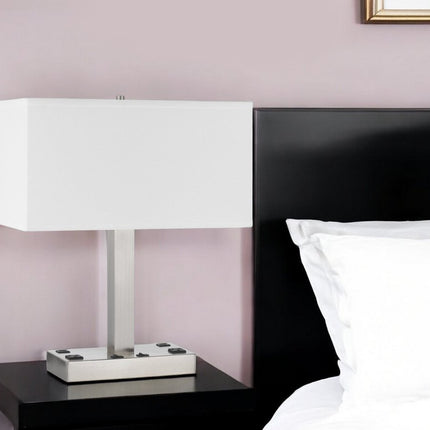21" Nickel Metal Two Light Desk USB Table Lamp With White Shade