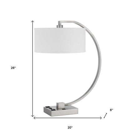 26" Nickel Metal Lantern Desk USB Table Lamp With White Shade