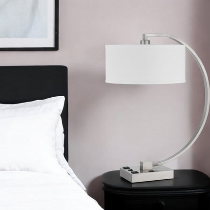 26" Nickel Metal Lantern Desk USB Table Lamp With White Shade