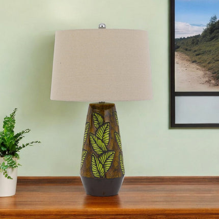 29" Brown Ceramic Cylinder Table Lamp With Tan Empire Shade