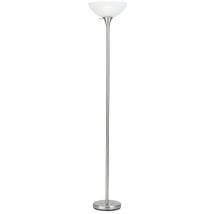 70" Nickel Metal Torchiere Floor Lamp With White Glass Dome Shade