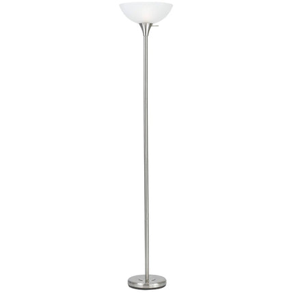 70" Nickel Metal Torchiere Floor Lamp With White Glass Dome Shade