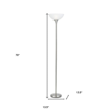 70" Nickel Metal Torchiere Floor Lamp With White Glass Dome Shade