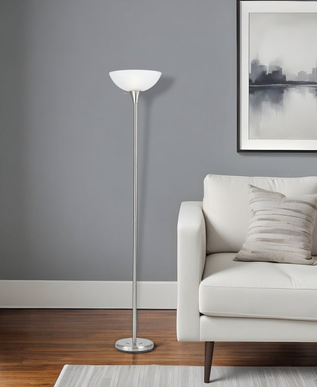 70" Nickel Metal Torchiere Floor Lamp With White Glass Dome Shade