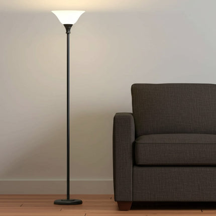 71" Black Torchiere Floor Lamp With Black Glass Dome Shade