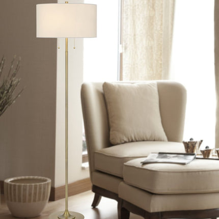 64" Brass Two Light Traditional Shaped Floor Lamp With White Rectangular Shade