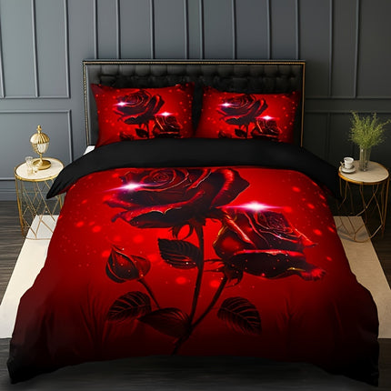3pcs Red Rose Print Duvet Cover Set - Includes 1 Duvet Cover & 2 Pillowcases, Breathable Polyester, Machine Washable - Perfect for All Seasons