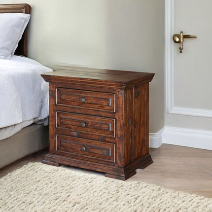 32" Brown Solid Wood Three Drawer Nightstand