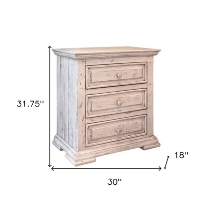 32" White Solid Wood Three Drawer Nightstand