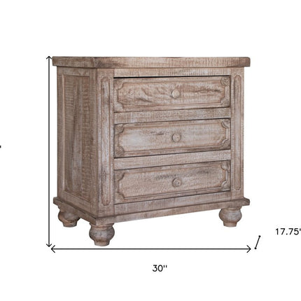 31" Brown Solid Wood Three Drawer Nightstand
