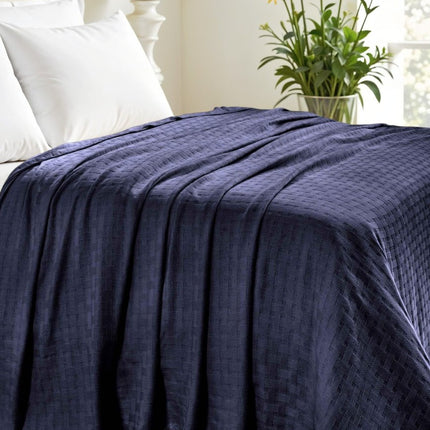 King Navy Blue Cotton Basketweave Geometric Blanket