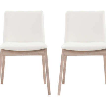 Set of Two White and Natural Faux Leather Dining Side Chairs
