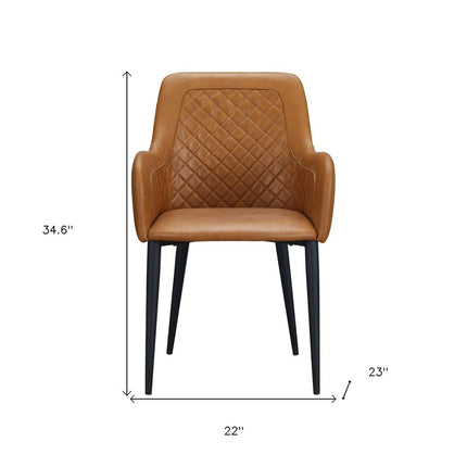 Set of Two Tan and Black Tufted Faux Leather Dining Arm Chairs