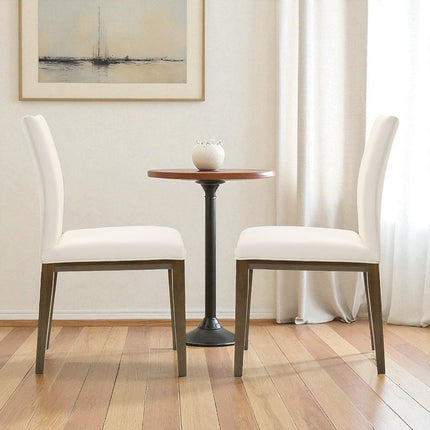 Set of Two White and Brown Leather Dining Side Chairs