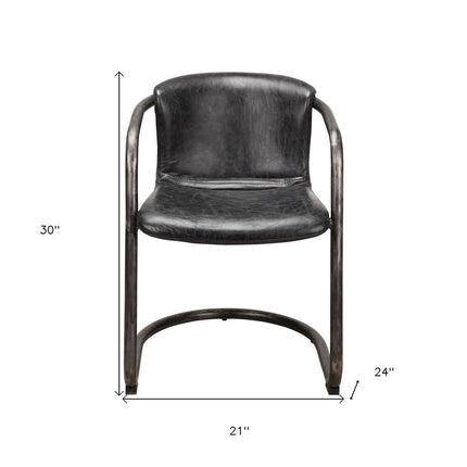 Set of Two Onyx and Silver Leather Dining Arm Chairs