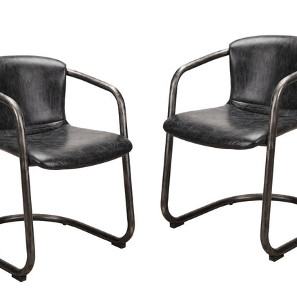 Set of Two Onyx and Silver Leather Dining Arm Chairs