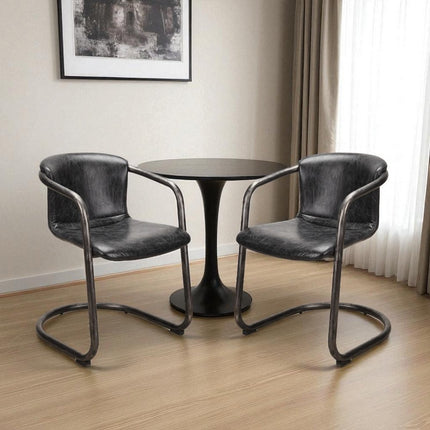 Set of Two Onyx and Silver Leather Dining Arm Chairs