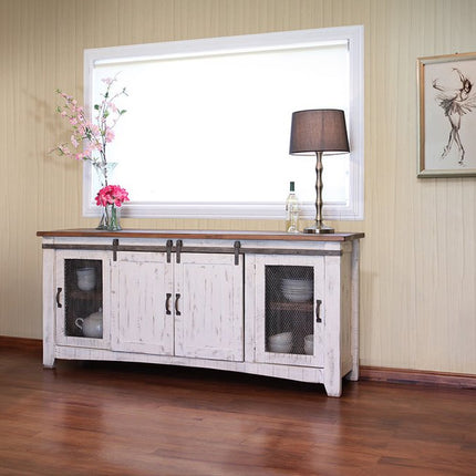 79" White Solid Wood Cabinet Enclosed Storage Distressed TV Stand
