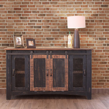 60" Black Solid Wood Cabinet Enclosed Storage Distressed TV Stand