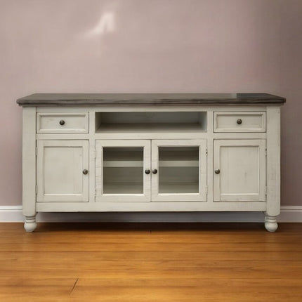 79" Ivory Solid Wood Open shelving Distressed TV Stand