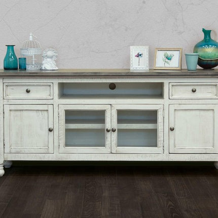 79" Ivory Solid Wood Open shelving Distressed TV Stand