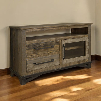 51" Brown Solid Wood Cabinet Enclosed Storage Distressed TV Stand