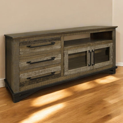 61" Brown Solid Wood Cabinet Enclosed Storage Distressed TV Stand
