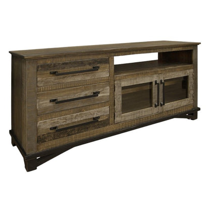 61" Brown Solid Wood Cabinet Enclosed Storage Distressed TV Stand