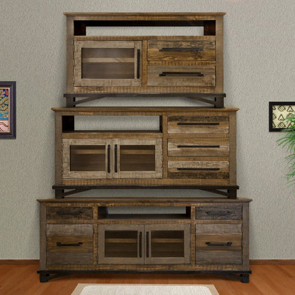 76" Brown Solid Wood Cabinet Enclosed Storage Distressed TV Stand