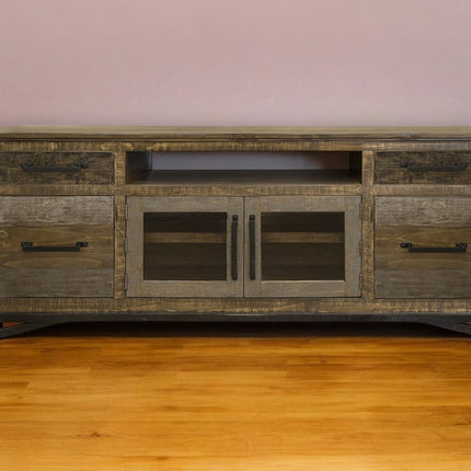 76" Brown Solid Wood Cabinet Enclosed Storage Distressed TV Stand